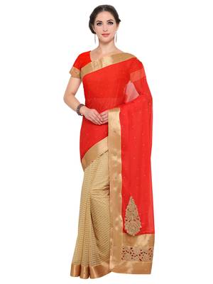 Beige Embroidered Chiffon Saree With Blouse 1