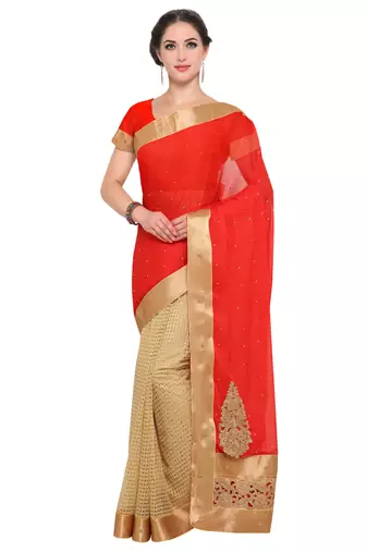 Beige Embroidered Chiffon Saree With Blouse