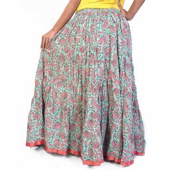 Jaipuri Ethnic Floral Print Long Green Coton Skirt 2
