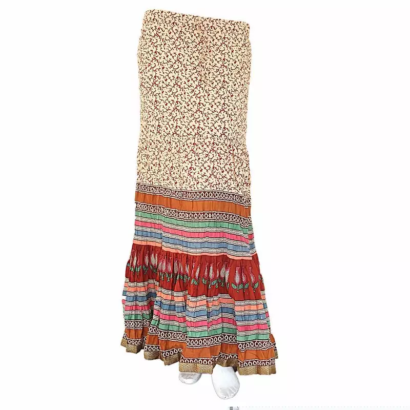 Multicolorcolor Base Handblock Print Long Cotton Skirt