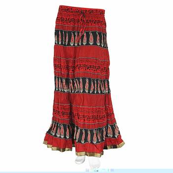 Designer Block Printed Red Base Long Cotton Skirt 1