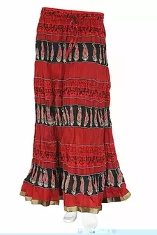 Designer Block Printed Red Base Long Cotton Skirt