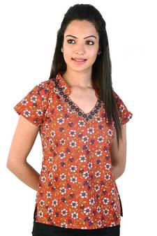 Floral Design Laced Indian Orange Cotton Top