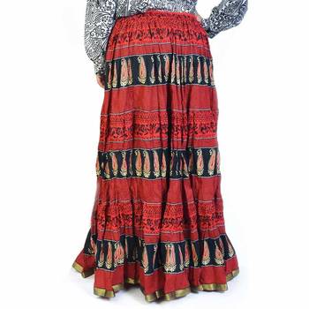 Designer Block Printed Red Base Long Cotton Skirt 2