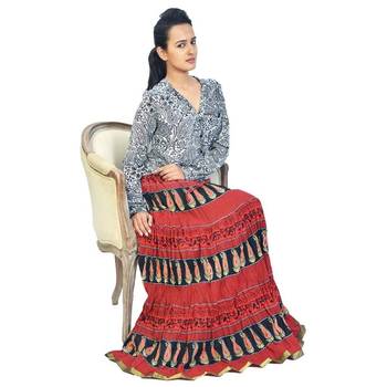 Designer Block Printed Red Base Long Cotton Skirt 3