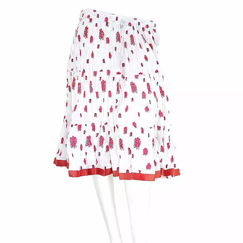 White N Pink Fancy Block Print Cotton Short Skirt