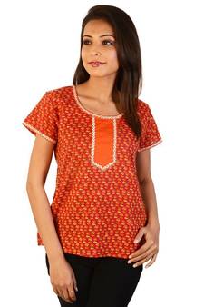Ethnic Girls Floral Print Orange Cotton Top