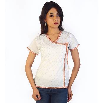 Designer Silver Butie Fancy White Cotton Kurti 1