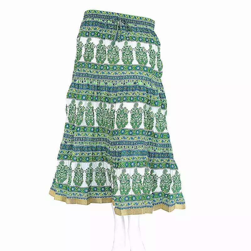 Jaipuri Classical Floral Green Short Cotton Skirt
