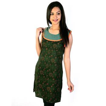 Designer Rajasthani Print Green Cotton Kurti 3
