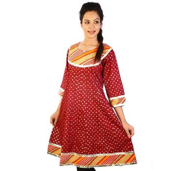 Red Patchwork Designer Cotton Party Long Kurti 1