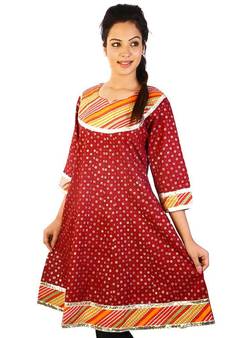 Red Patchwork Designer Cotton Party Long Kurti