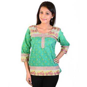Floral Design Embroidery Sea Green Cotton Top 1