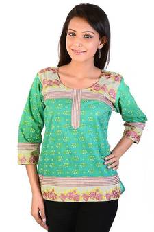 Floral Design Embroidery Sea Green Cotton Top