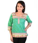 Floral Design Embroidery Sea Green Cotton Top