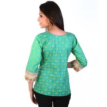 Floral Design Embroidery Sea Green Cotton Top 2