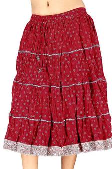 Silver Block Print Red Pure Cotton Short Skirt