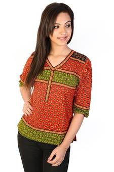 Hand Block Print Ethnic Red Black Cotton Top