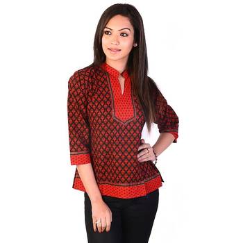 Orange Yellow Ethnic Block Print Cotton Kurti 1