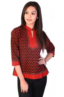 Orange Yellow Ethnic Block Print Cotton Kurti