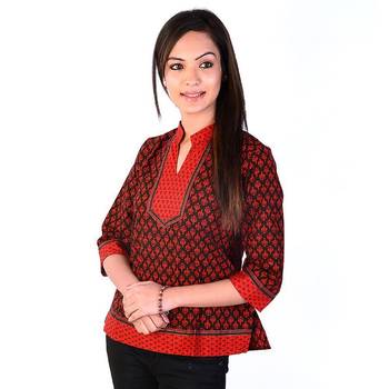 Orange Yellow Ethnic Block Print Cotton Kurti 3