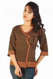 Designer Hand Block Print Black Cotton Top