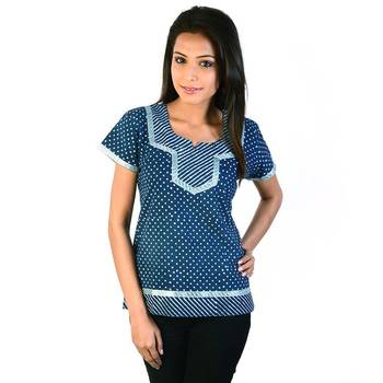 Designer Silver Block Print Blue Cotton Top 1