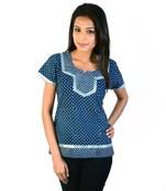 Designer Silver Block Print Blue Cotton Top