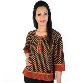 Jaipuri Print Designer Red Black Cotton Kurti 1