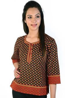 Jaipuri Print Designer Red Black Cotton Kurti