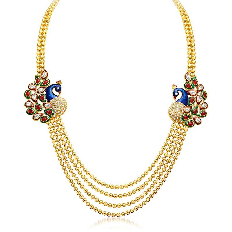 24K Gold Plated Royal Pearl Meenakari Multi Layered Chain Set