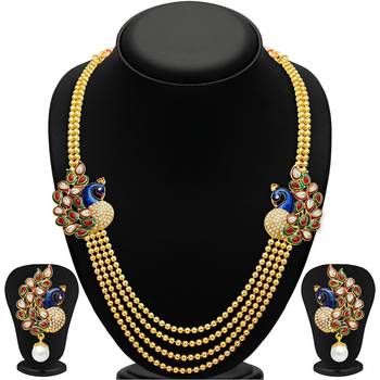 24K Gold Plated Royal Pearl Meenakari Multi Layered Chain Set 4