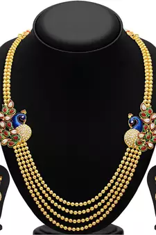 24K Gold Plated Royal Pearl Meenakari Multi Layered Chain Set