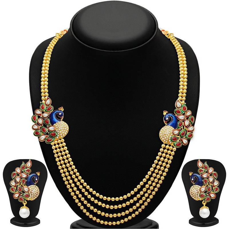 24K Gold Plated Royal Pearl Meenakari Multi Layered Chain Set