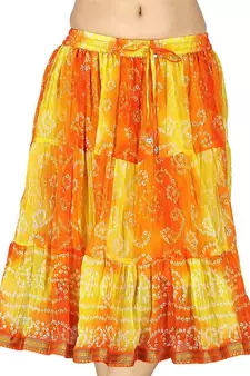 Yellow And Orange Bandhej Short Chiffon Skirt