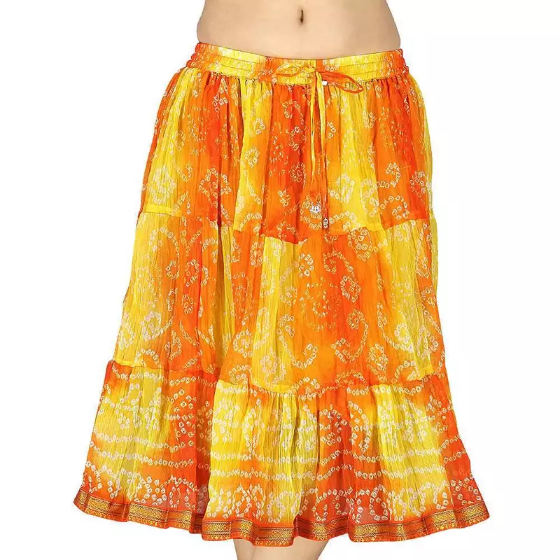 Yellow And Orange Bandhej Short Chiffon Skirt