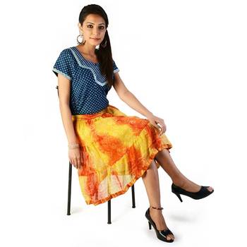 Yellow And Orange Bandhej Short Chiffon Skirt 3
