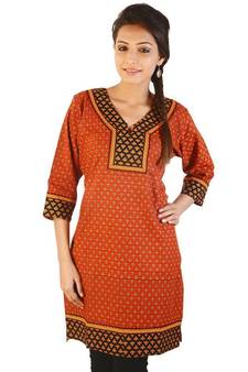 Ethnic Girls Hand Block Print Red Cotton Kurti