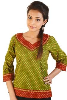 Jaipuri Designer Leaf Print Green Cotton Top