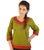 Jaipuri Designer Leaf Print Green Cotton Top