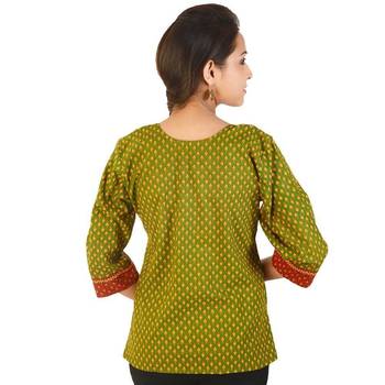 Jaipuri Designer Leaf Print Green Cotton Top 2