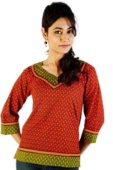 Ethnic Hand Block Print Red Green Cotton Top