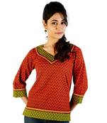 Ethnic Hand Block Print Red Green Cotton Top