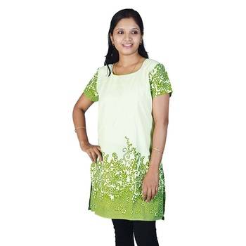 Stylish Abstract Print Girls Green Ivory Kurti 1