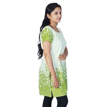 Stylish Abstract Print Girls Green Ivory Kurti 3