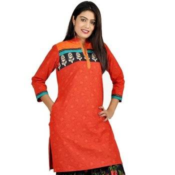 Designer Neck Fancy Orange Print Cotton Kurti 1