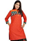 Designer Neck Fancy Orange Print Cotton Kurti