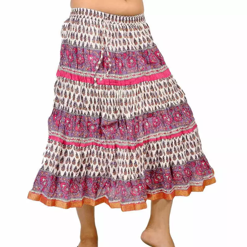 Sanganeri Flower Block Print Pink Cotton Skirt