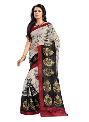 Off white printed art silk saree with blouse 1