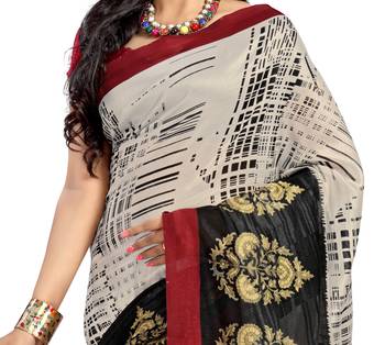 Off white printed art silk saree with blouse 2